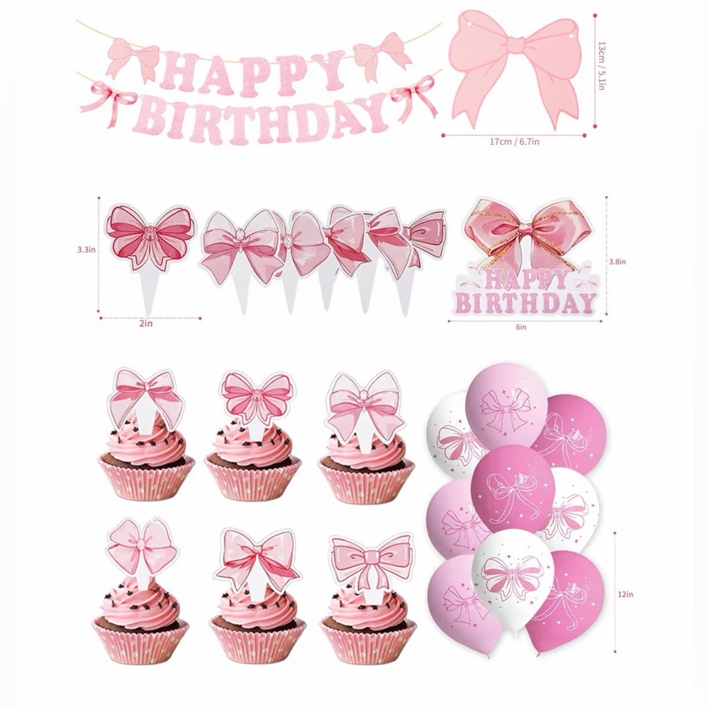 32 Pieces Pink Bow Coquette Happy Birthday Party Decoration Set